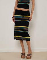 Amalia Midi Skirt in Black with Brown and Blue Stripes