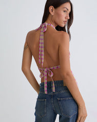 Nayu Halterneck Top in Blurred Check Pink and Green