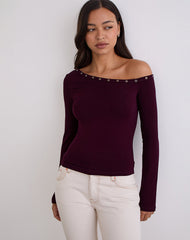 Noraba One Shoulder Top in Red Wood with Eyelets