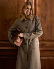 Norciel Longline Coat in Check Brown with Fur Collar