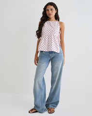 Palsi Tie Side Top in Pink with Medium Polka Red