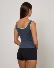 Pilon Vest top in Navy with Sage Binding