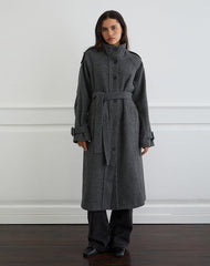 Ravari Belted Trench Coat in Charcoal Check