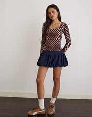 Rumini Long Sleeve Top in Brown with Small Polka Cream