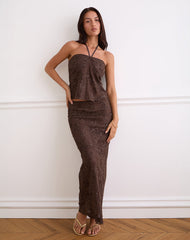 Alphia Sequin Sheer Knit Skirt in Dark Brown
