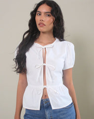 Ryota Tie Front Blouse in White with White Binding