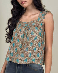 Sanula Top in Blue and Brown Floral Bohemian Batik