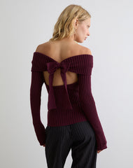 Saskia Bardot Bow Back Top in Dark Cherry