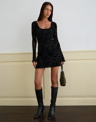 Selca Mini Dress in Flock Leaf Flower Black