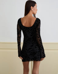 Selca Mini Dress in Flock Leaf Flower Black