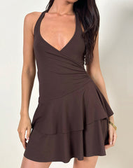 Semary Halterneck Wrap Mini Dress in Bitter Chocolate