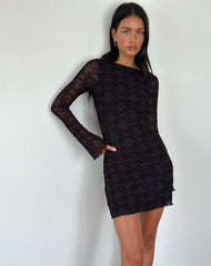 Sevila Long Sleeve Mini Dress in Black Queen of Heart Flock