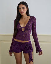 Mahota Deep Plunge Long Sleeve Top in Lace Purple