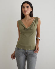 Slater Studded Top in Rayon Jersey Khaki