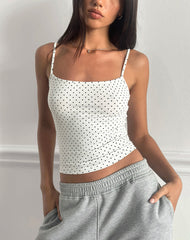 Solay Cami Top in White with Black Micro Polka Print