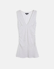 Luscian Plunge Mini Dress in White with Micro Polka Black
