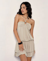 Suraya Plunge Mini Dress in Cupro Oatmilk