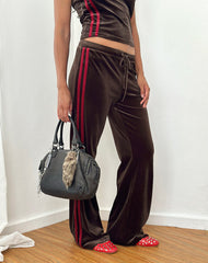 Belita Trosuers in Brown Velour with Red Side Stripe