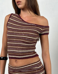 Tamia Off Shoulder Top in Shimmer Stripe Knit Rust