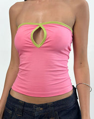Tiria Cutout Bandeau Top in Bubble Gum with Leaf Green Binding