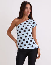 Tokiwa Asymmetric Shoulder Tee in Big Polka Blue Brown