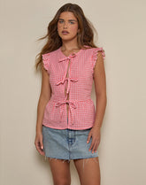 Vataka Tie Front Top In Mini Gingham Peach