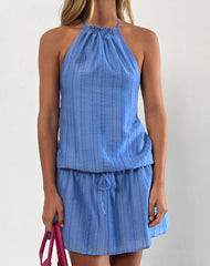 Veloria Halterneck Mini Dress in Blue Chiffon Painted Stripe