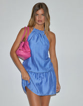 Veloria Halterneck Mini Dress in Blue Chiffon Painted Stripe
