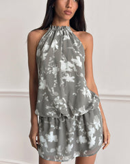 Veloria Mini Dress in Blurred Floral Grey