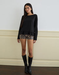 Vivala Boxy Long Sleeve Top in Black with Frill Hem