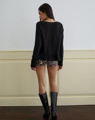Vivala Boxy Long Sleeve Top in Black with Frill Hem