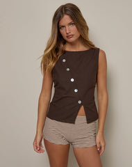 Vonne Asymmetric Button Top in Chocolate Brown