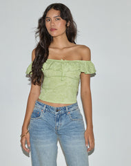 Yokai Bardot Top in Retro Paisley Lime
