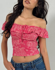 Yokai Bardot Top in Retro Paisley Pink