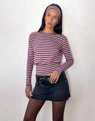 Zahir Long Sleeve Top in Burgundy and Grey Stripe