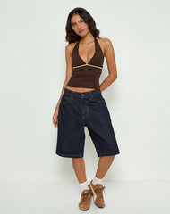 Abeth Halterneck Top in Chocolate Brown with Lemon Piping