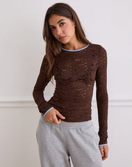 Abon Long Sleeve Top in Lace Brown with Blue Binding