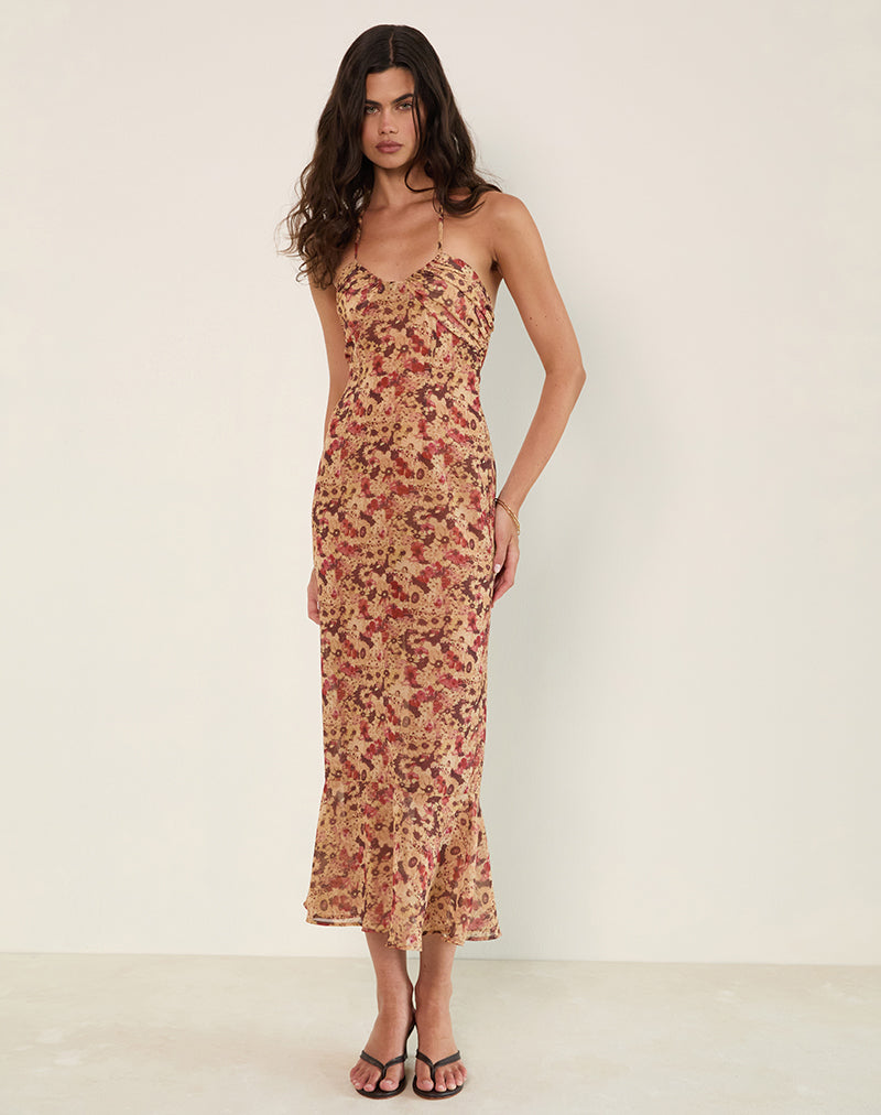 Alette Halterneck Maxi Dress in Chiffon Rusty Flower