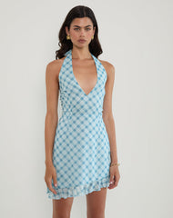 Alira Halterneck Dress in Blurred Check Blue