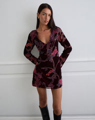 Alitra Mini Dress in Floral Devore Burgundy