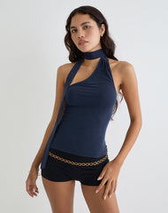 Aspyn High Neck Tie Top in Cupro Navy