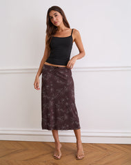 Atira Midi Skirt in Doodle Flower Flock Brown