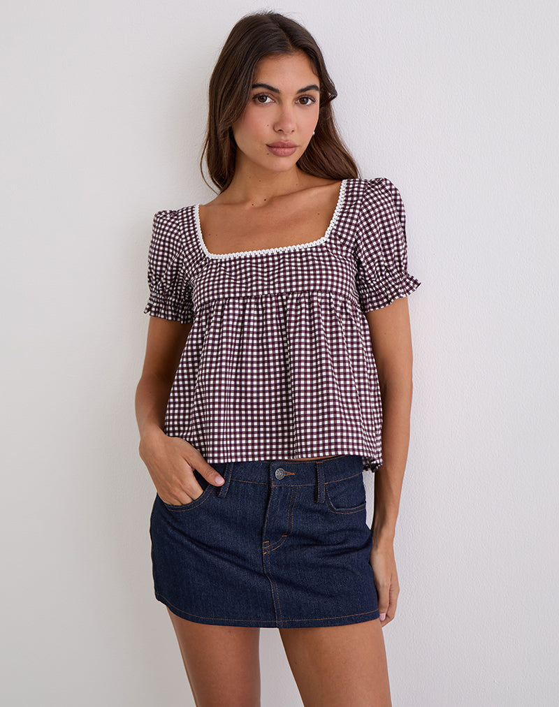 Axoni Square Neck Blouse in Mini Gingham Wine