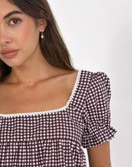 Axoni Square Neck Blouse in Mini Gingham Wine