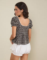 Axoni Square Neck Blouse in Floral Broderie Brown