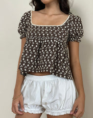 Axoni Square Neck Blouse in Floral Broderie Brown