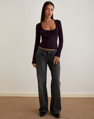 Aye Plunge Long Sleeve Top with Ruched Neck in Redwood