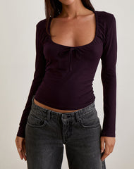 Aye Plunge Long Sleeve Top with Ruched Neck in Redwood