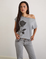 Balia Asymmetric Short Sleeve Basic Top in Grey with Blurred Rose Print