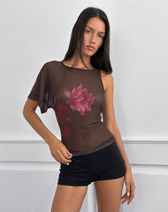 Balsa One Shoulder Top in Brown with Pink Flower Print